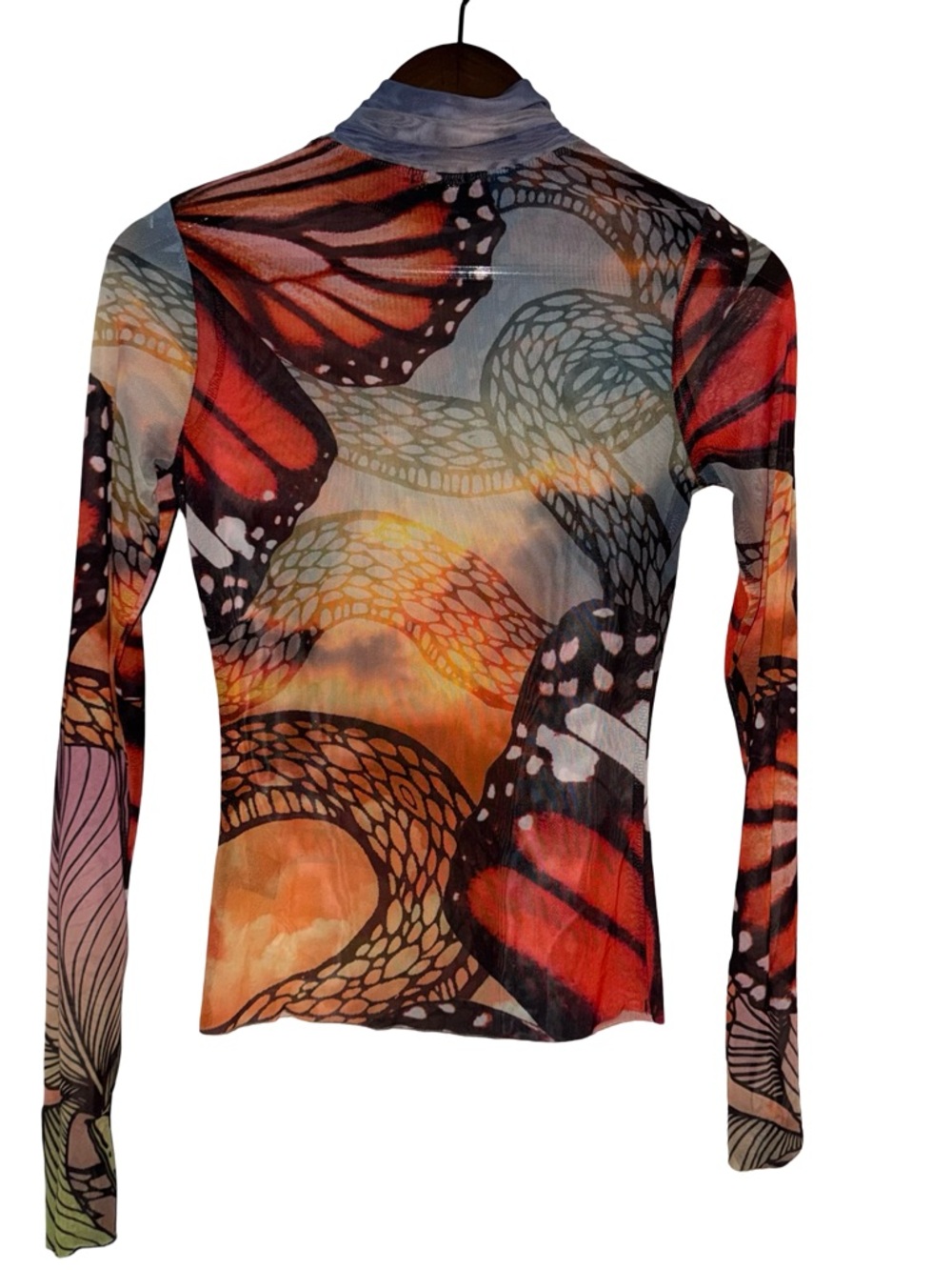 AFRM Sheer Mesh Butterfly Print Mock Neck Long Sleeve Y2K Top whimsigoth fairy - Picture 3 of 6